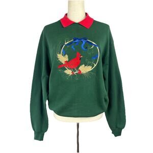 Vintage Red Cardinal Wreath Scene Grandma Cottagecore Oversized Sweater M